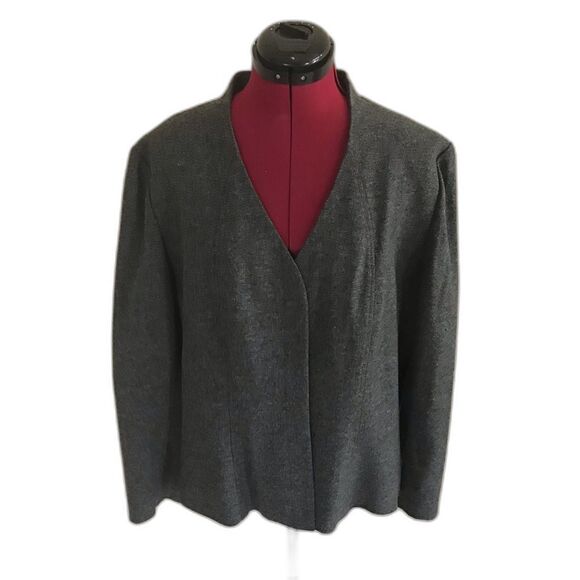 Anne Klein Blazer Women's Size 16 Grey Tweed Wool Blend Long Sleeves V-Neck - Picture 1 of 11